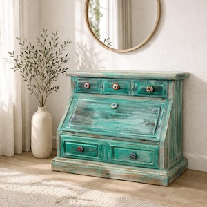 Perfectly Imperfect™ handgerestaureerd secretaressebureau | Verontruste kustblauwe schrijfkist | Ambachtelijke keramische knoppen | Op vintage geïnspireerde opbergers