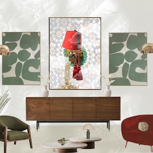 May include: An interior design scene featuring a mid-century modern aesthetic. The scene includes a wooden sideboard, two gold arc lamps, a green armchair, and a red sofa. Artwork and decorative elements complete the stylish arrangement.