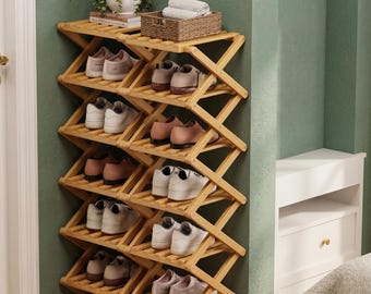 Hopfällbar skohylla i bambu, flerskiktad trähylla för små utrymmen i entrén