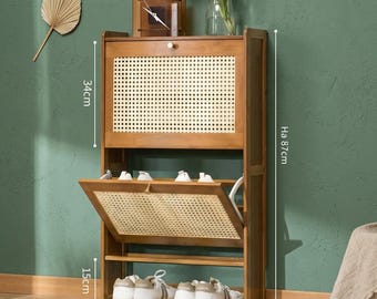 Rattan Atmungsaktiver Holz Schuhschrank | schmales Flip Bucket Schuhregal | Boho Eingangsbereich Lagerung | Schlanke Haushalts-Organizer | Einweihungsgeschenk