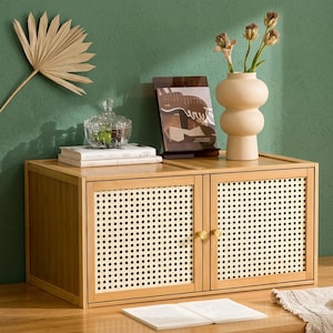 Bamboo Grid Storage Cabinet | Stackable Bedside Box | Floating Window Low Cabinet | Bedroom Floor Organizer | Minimalist Wood Storage