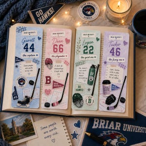 Può includere: Libro aperto con quattro segnalibri decorativi a tema hockey. Ogni segnalibro ha un nome, un numero e una citazione. I segnalibri sono blu, rosa, verdi e viola. Sono presenti anche dischi, bastoni e caschi da hockey.