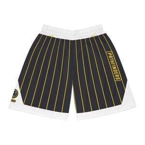 May include: Black athletic shorts featuring vertical yellow pinstripes, a white elastic waistband, and white side panels. The word PATHFINDERS is printed in yellow on the right side, and a circular logo with the text 5:24 is on the left side.