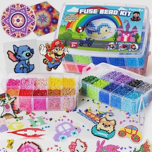 May include: A Funzbo Fuse Bead Kit with various colors of beads, including pink, yellow, green, and blue. The kit includes a variety of designs, such as a car, a cat, and a unicorn. The kit is for ages 5+ and includes the text "3 Easy Steps".