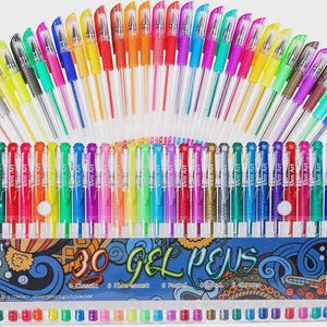May include: A set of 30 gel pens in a variety of colors, including classic, fluorescent, and pastel shades. The pens are arranged in a clear plastic case, with the brand name "Aen Art" visible. The packaging also displays the text "30 Gel Pens".