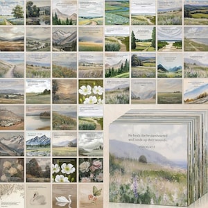 May include: A collection of square cards featuring landscape paintings and floral illustrations, each printed with a Bible verse. The front-most card displays a meadow with purple flowers and the text: He heals the brokenhearted and binds up their wounds. Psalm 147:3.