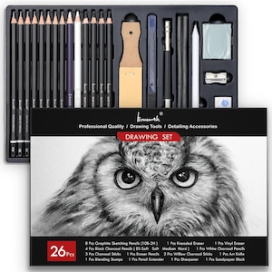 May include: A 26-piece drawing set in a black tray, including graphite and charcoal pencils, erasers, blending stumps, and a pencil sharpener. The set features a box with an owl drawing and the text "DRAWING SET".