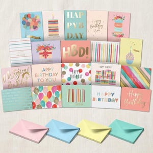 May include: A collection of twenty rectangular birthday greeting cards featuring various colorful designs including balloons, cakes, candles, gifts, and text such as Happy Birthday, HBD, and Magical Birthday, accompanied by four pastel-colored envelopes.