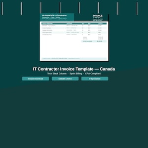 May include: A teal IT contractor invoice template, labelled "IT Contractor Invoice Template - Canada". The invoice details services, tech stack, and rates. Buttons below read "Instant Download", "Editable .DOCX", and "IT Specialists".
