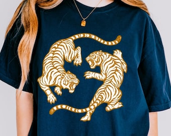 Comfort Colors® Japanese Fighting Tigers Tee, Vintage Tattoo Art Graphic Shirt, Retro Tiger Lover Gift, Unisex Top, Wild Cat Tee