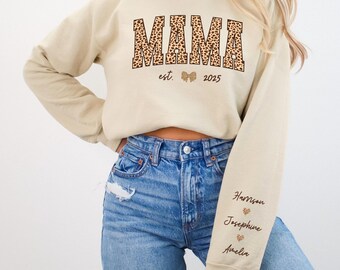 Custom Leopard Mama Sweatshirt With Kid Names, Personalized Est Year Crewneck