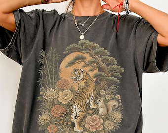 Comfort Colors® Retro Tiger T-Shirt - Men & Women's Unisex Graphic Tee - Vintage Boho Shirt - Linocut Wildcat Cottagecore Tee