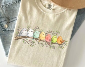 Comfort Colors® Birdwatching Shirt, Easily Distracted By Birds Tee, Cute Bird Lover Gift, Colorful Birds On Branch Nature T-Shirt