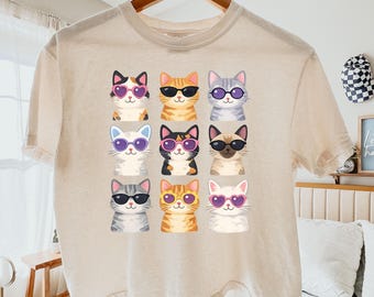 Comfort Colors® 3023CL Boxy Tee, Cute Cat Shirt, Funny Cat Lover Tee, Sunglasses Cats Graphic T-Shirt, Kawaii Kitty Gift for Cat Mom