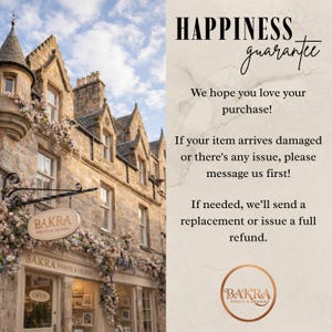 May include: An exterior shot of a stone building with a sign that reads "BAKRA PRINTS & DESIGN." The image includes the text "HAPPINESS guarantee" and a guarantee of a replacement or refund. The building has floral decorations.