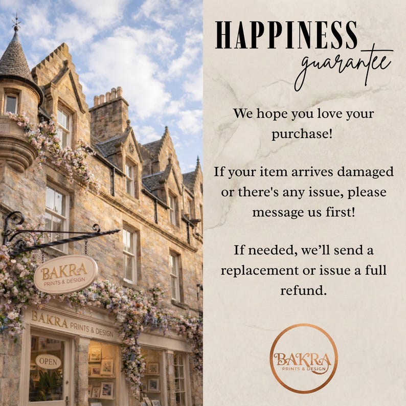 May include: An exterior shot of a stone building with a sign that reads "BAKRA PRINTS & DESIGN." The image includes the text "HAPPINESS guarantee" and a guarantee of a replacement or refund. The building has floral decorations.
