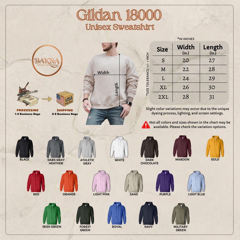 May include: A Gildan 18000 unisex sweatshirt in various colors, including black, white, and maroon. The image includes a size chart with measurements in inches and a color selection guide. The text on the image says "Unisex Sweatshirt".
