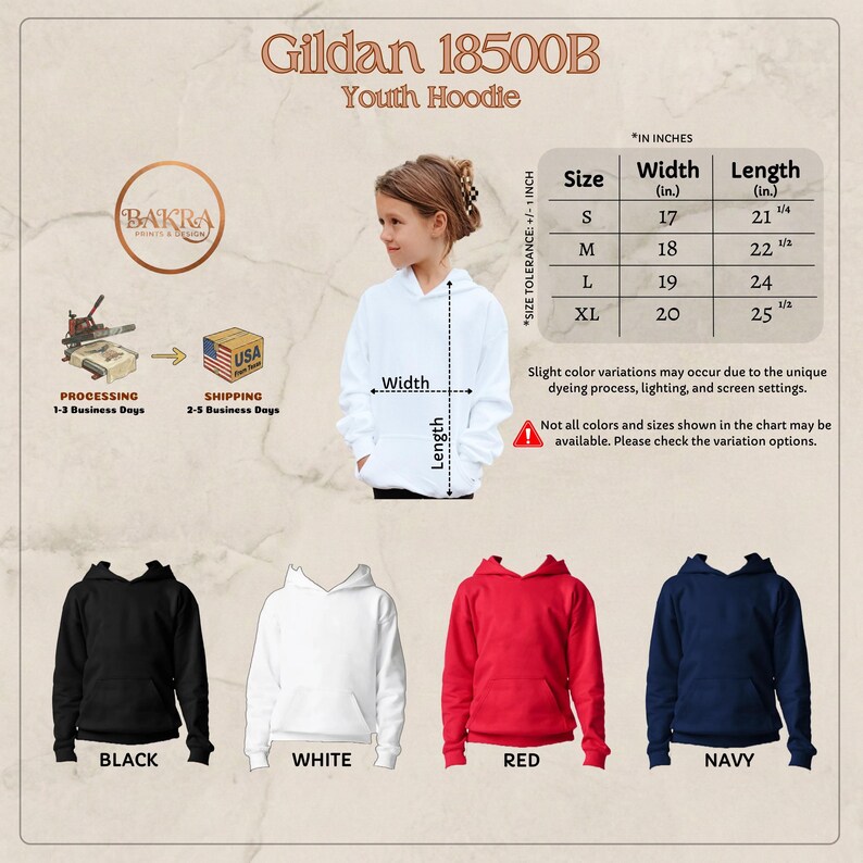 May include: A white youth hoodie with a front pocket, displayed with a size chart in inches. The chart shows sizes S to XL, with widths from 17 to 20 inches and lengths from 21 1/4 to 25 1/2 inches. Available colors include black, white, red, and navy.