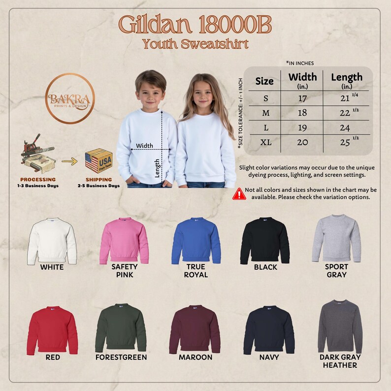 May include: A product image showcasing a Gildan 18000B youth sweatshirt. The image displays a size chart with measurements in inches, and a color palette including white, pink, blue, black, gray, red, green, maroon, navy, and dark gray heather.