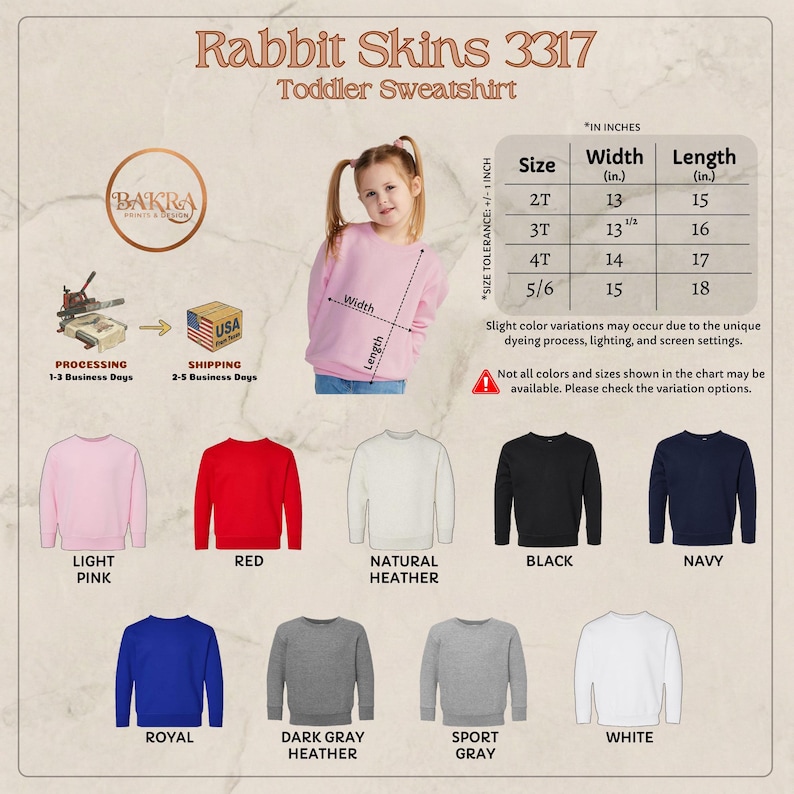 May include: A product image featuring a variety of toddler sweatshirts in different colors, including light pink, red, natural heather, black, navy, royal blue, dark gray heather, sport gray, and white. The image also includes a size chart with measurements in inches.