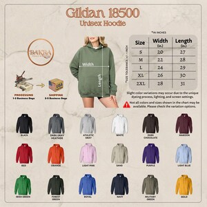 May include: A product image showcasing a Gildan 18500 unisex hoodie. The image includes a size chart in inches, with widths ranging from 20 to 28 inches and lengths from 27 to 31 inches. Various hoodie colors are displayed.