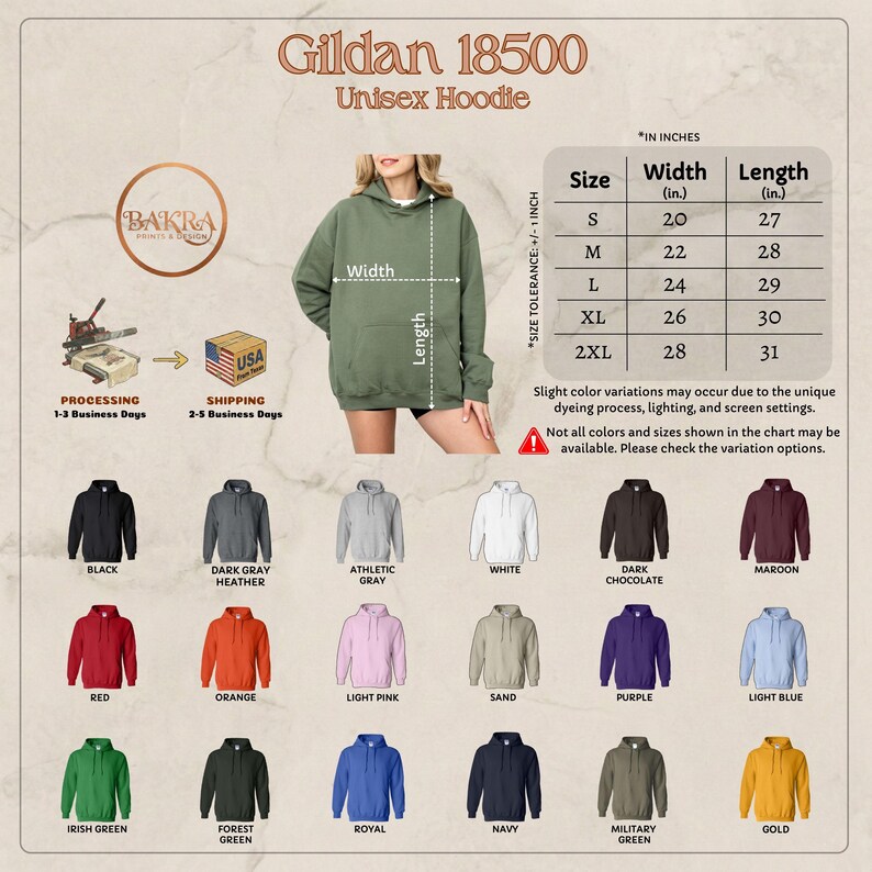 May include: A product image showcasing a Gildan 18500 unisex hoodie. The image includes a size chart in inches, with widths ranging from 20 to 28 inches and lengths from 27 to 31 inches. Various hoodie colors are displayed.