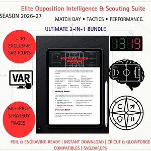 May include: An image promoting a football scouting suite, featuring a tablet displaying a football pitch diagram. Includes SVG icons, strategy pages, and the text "Elite Opposition Intelligence & Scouting Suite". The image also shows a digital clock.