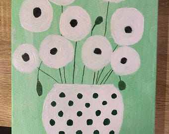 Abstrakta vita vallmoblommor i en prickig vas Original 9x12