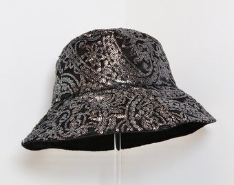 Silver/Black Printed Sequin Pattern Bucket Hat