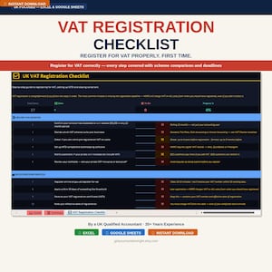 May include: A VAT registration checklist with a red and blue header. The checklist includes steps for registering for VAT, with sections for before registration and the registration process. The image includes the text "Instant Download".