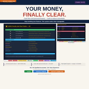 Könnte beinhalten: Ein digitaler Finanz-Tracker mit dem Text "YOUR MONEY, FINALLY CLEAR." Das Bild zeigt einen Cashflow-Tracker und einen persönlichen Finanz-Tracker. Das Produkt wird als ADHD-freundlich beworben und soll finanzielle Überforderung reduzieren.
