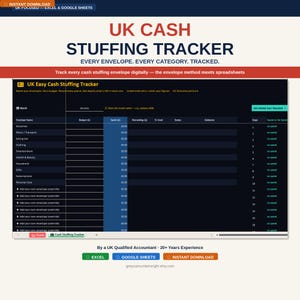 Op de afbeelding: Een digitale spreadsheet met de titel "UK Cash Stuffing Tracker" met een donkerblauw en wit ontwerp. De spreadsheet is ontworpen om uitgaven per categorie bij te houden. De tekst "Direct downloaden" en "Excel & Google Sheets" zijn ook zichtbaar.