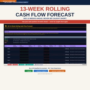 May include: A digital 13-week rolling cash flow forecast spreadsheet. The document includes a variance key, instructions, and sections for receipts, payments, and recommendations. The text reads "See your cash position 13 weeks ahead - never be caught short again."