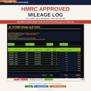 May include: A digital HMRC-approved mileage log and tracker, designed for UK businesses. The spreadsheet includes fields for driver name, vehicle details, and mileage, with a summary and example. The document is available for instant download.