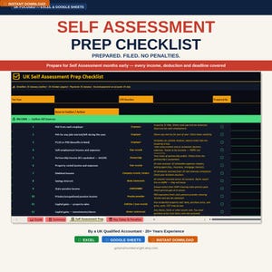 May include: A digital UK Self Assessment Prep Checklist with a dark blue background. The checklist includes sections for income, deductions, and deadlines. Text includes "Prepare for Self Assessment months early" and "Instant Download".