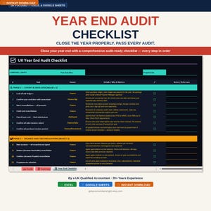 Könnte beinhalten: Eine Jahresabschluss-Checkliste für britische Unternehmen mit dem Titel "Year End Audit Checklist" in roter Schrift. Die Checkliste enthält Abschnitte für Cutoff und Data Lock sowie Bilanzabstimmungen. Sofortiger Download verfügbar.