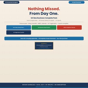 May include: A webpage design for a UK New Business Complete Pack, featuring text in red and blue. The design includes sections for finance, setup, and VAT registration, with a call to action to save 43% on templates.