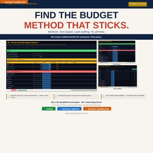 Może przedstawiać: Cyfrowy przewodnik po metodach budżetowania z nagłówkiem "FIND THE BUDGET METHOD THAT STICKS." Prezentuje techniki 50/30/20, zerową i kopertową. Zawiera kalkulator budżetu i szablony arkuszy kalkulacyjnych.