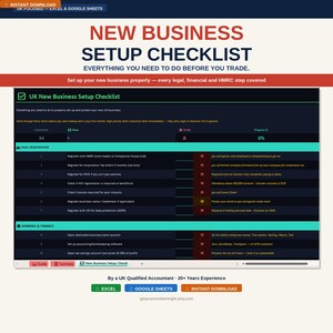 May include: A digital checklist titled "New Business Setup Checklist" with sections for legal registration and banking. The checklist is designed to help new businesses in the UK. The checklist includes the text "Everything you need to do before you trade."