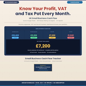 UK Small Business Cash Flow Tracker | Profit VAT Tax Pot Plain English Excel