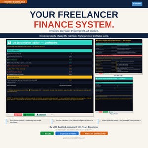 Puede incluir: Una plantilla de sistema financiero digital para autónomos. La imagen muestra un panel con resúmenes de facturas, estado del flujo de caja y seguimiento de la rentabilidad del proyecto. Descarga instantánea disponible en Excel y Google Sheets.