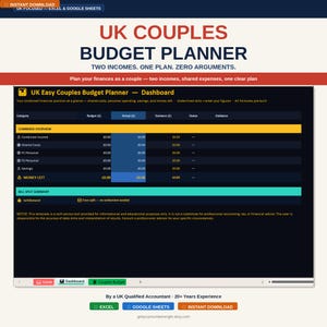 May include: A digital budget planner for UK couples, compatible with Excel and Google Sheets. The planner includes a dashboard to monitor finances, with sections for income, spending, and savings. Text reads "UK Couples Budget Planner" and "Two Incomes. One Plan."