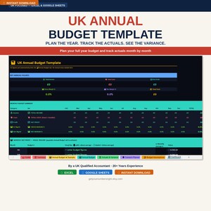 Può includere: Un modello digitale di budget annuale per il Regno Unito con un'interfaccia nera e blu. Il modello include sezioni per il monitoraggio di entrate, costi e profitti, con riepiloghi mensili e annuali. Il testo recita: "Pianifica l'anno. Tieni traccia dei dati effettivi. Guarda la variazione."