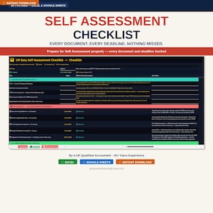 May include: A digital self-assessment checklist with the title "SELF ASSESSMENT CHECKLIST" in red and blue. The checklist includes sections for tax year, registration details, and key deadlines. The image also includes the text "INSTANT DOWNLOAD".