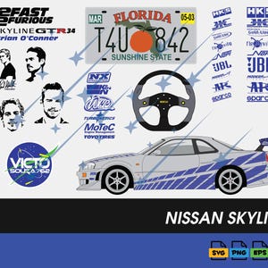 May include: A graphic featuring a silver and blue Nissan Skyline car, a Florida license plate, and logos. The text includes "2 Fast 2 Furious," "Skyline GTR34," and "Brian O'Conner." Also shown are portraits and logos for car parts.
