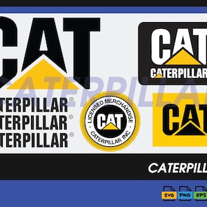 May include: Various Caterpillar logos in black, white, and yellow. The logos include the word "CAT" and the name "CATERPILLAR" in different styles. The image also includes icons for SVG, PNG, EPS, and AI file formats.