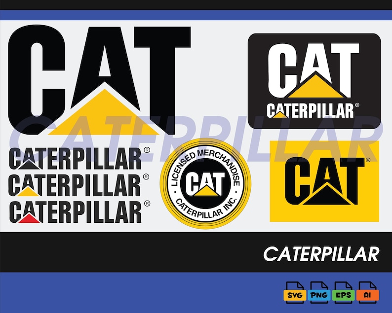 May include: Various Caterpillar logos in black, white, and yellow. The logos include the word "CAT" and the name "CATERPILLAR" in different styles. The image also includes icons for SVG, PNG, EPS, and AI file formats.