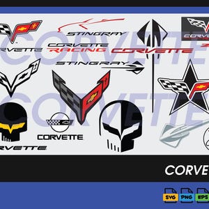 May include: A collection of Corvette logos and graphics in various designs. The image includes the word "CORVETTE" at the bottom, along with file type icons for SVG, PNG, EPS, and AI. The logos feature the Corvette emblem and racing flags.