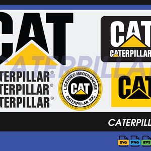 May include: Various Caterpillar logos in black, white, and yellow. The logos include the word "CAT" and the name "CATERPILLAR" in different styles. The image also includes icons for SVG, PNG, EPS, and AI file formats.