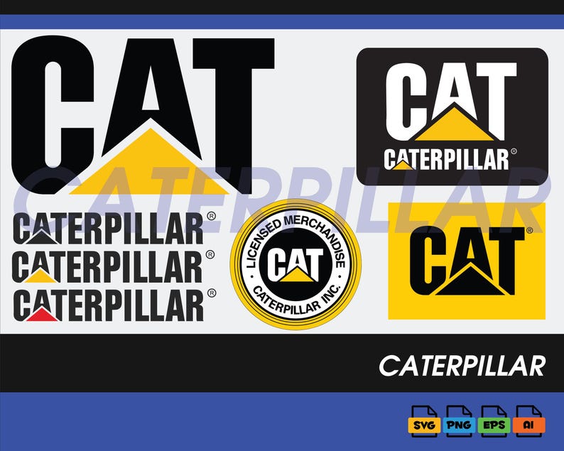 May include: Various Caterpillar logos in black, white, and yellow. The logos include the word "CAT" and the name "CATERPILLAR" in different styles. The image also includes icons for SVG, PNG, EPS, and AI file formats.